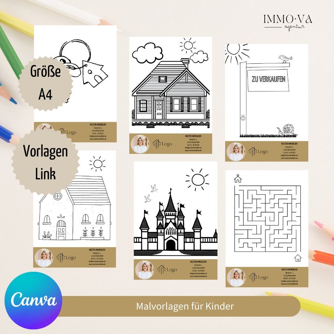 Malvorlage Haus Kinder Immobilienmakler Canva Template