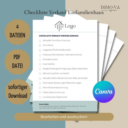 Checkliste Verkauf Einfamilienhaus, Checkliste für Immobilienmakler ✶Digitales Produkt/Vorlagen-Link ✶