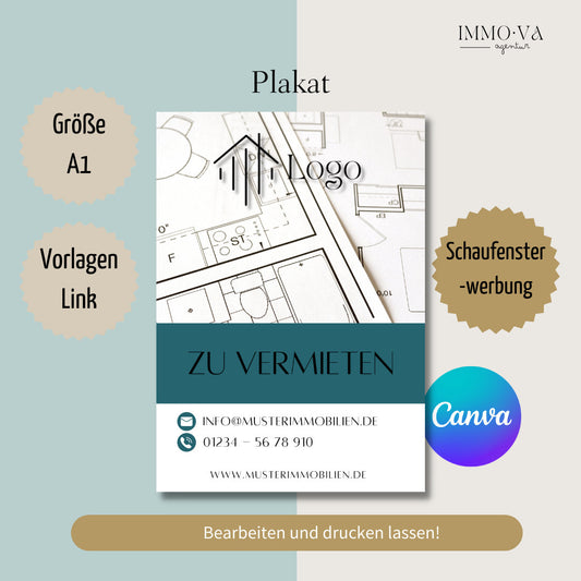 Größe A1 Plakat - Aushang "Zu Vermieten" für Immobilienmakler✶✶Digitales Produkt/Vorlagen-Link✶