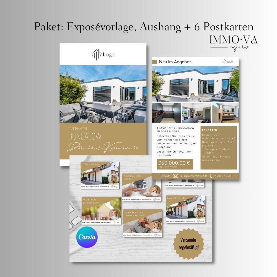 Paket: Exposé, Schaufenster Aushang u. 6 Postkarten für Immobilienmakler✶✶Digitales Produkt/Vorlagen-Link✶
