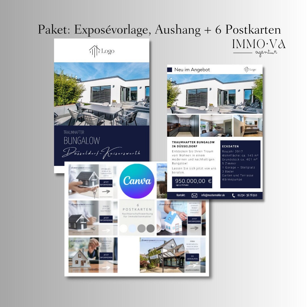 Paket: Exposé, Schaufenster Aushang u. 6 Postkarten für Immobilienmakler als Canva Template.✶✶Digitales Produkt/Vorlagen-Link✶