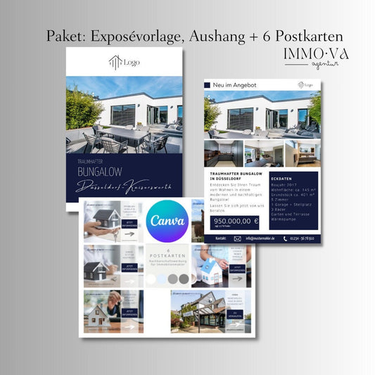 Paket: Exposé, Schaufenster Aushang u. 6 Postkarten für Immobilienmakler als Canva Template.✶✶Digitales Produkt/Vorlagen-Link✶