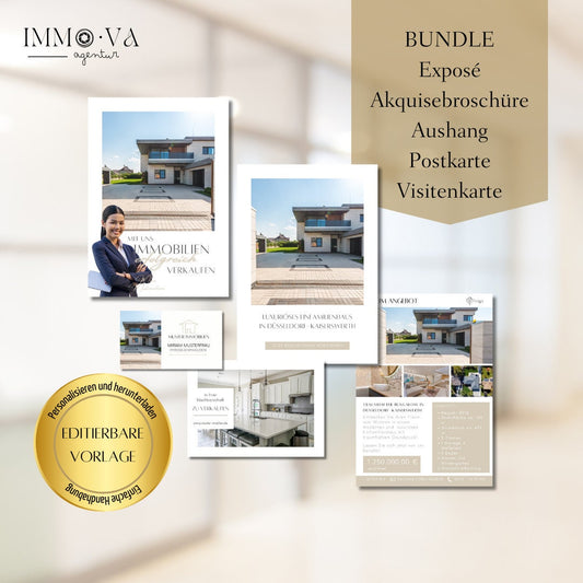 Paket: Exposé, Akquisebroschüre, Schaufenster Aushang, Visitenkarte u. Postkarte für Immobilienmakler als Canva Templates✶✶Digitales Produkt/Vorlagen-Link✶