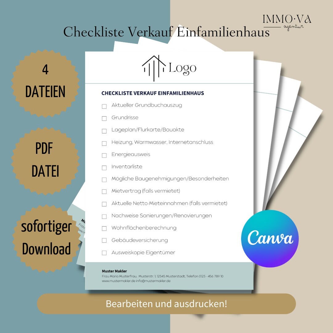 Checkliste Verkauf Einfamilienhaus, Checkliste für Immobilienmakler ✶Digitales Produkt/Vorlagen-Link ✶