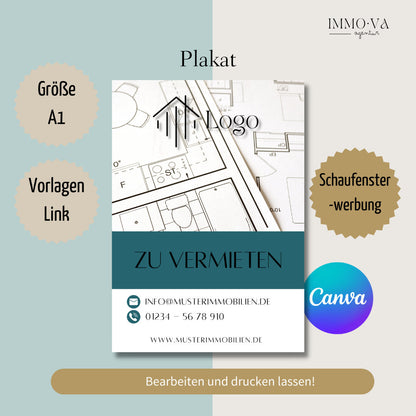 Größe A1 Plakat - Aushang "Zu Vermieten" für Immobilienmakler✶✶Digitales Produkt/Vorlagen-Link✶